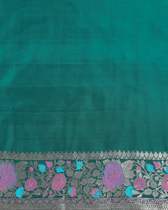 Forest Green Elegance Pure Katan Saree with Multihued Floral Zari Artistry - katansi