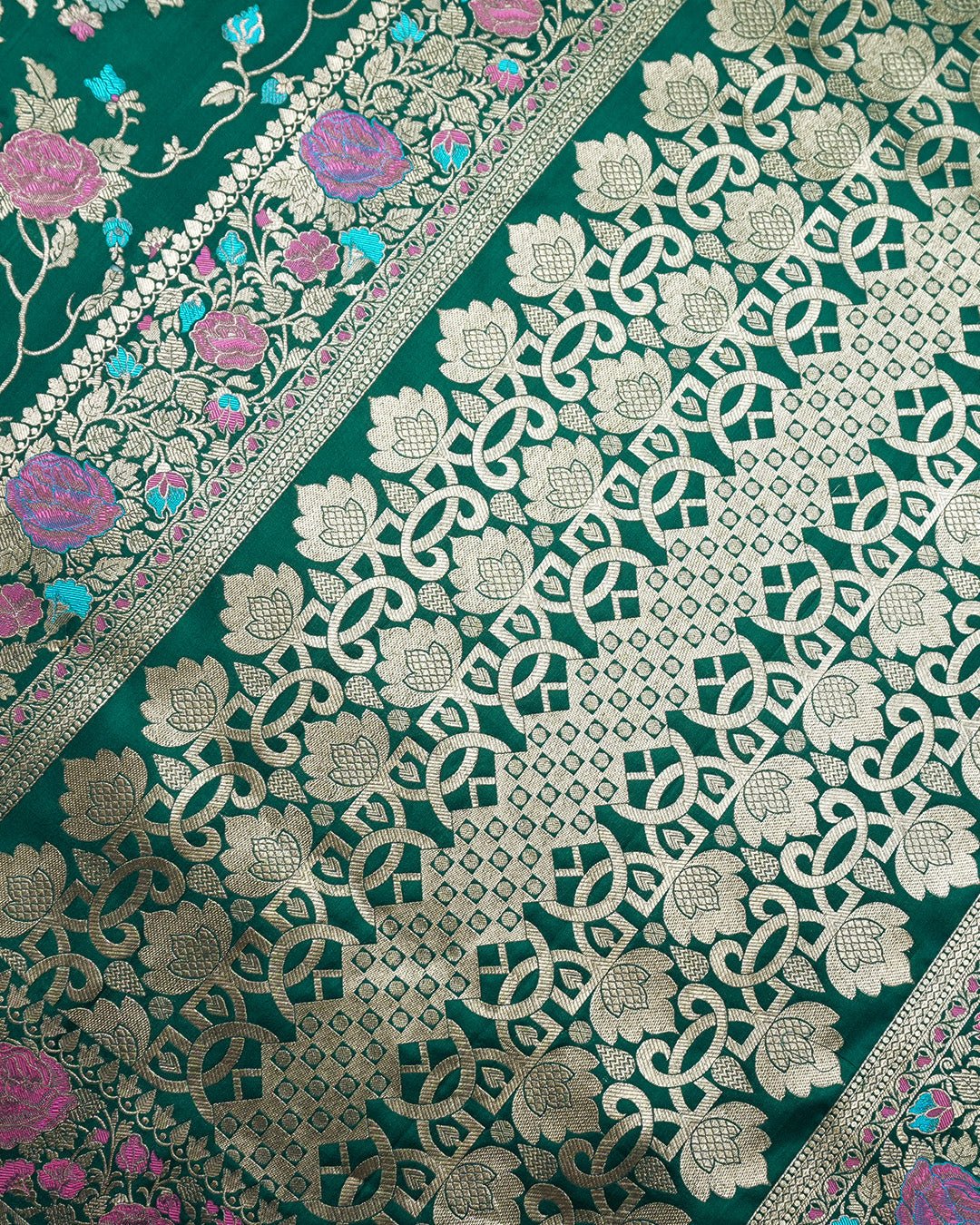 Forest Green Elegance Pure Katan Saree with Multihued Floral Zari Artistry - katansi