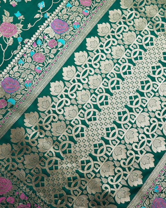 Forest Green Elegance Pure Katan Saree with Multihued Floral Zari Artistry - katansi