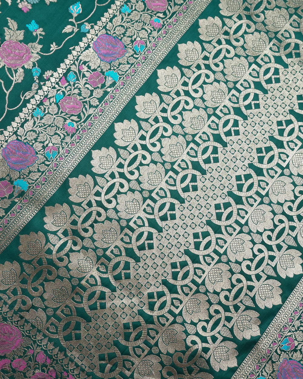 Forest Green Elegance Pure Katan Saree with Multihued Floral Zari Artistry