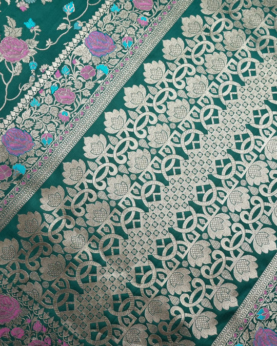 Forest Green Elegance Pure Katan Saree with Multihued Floral Zari Artistry - katansi