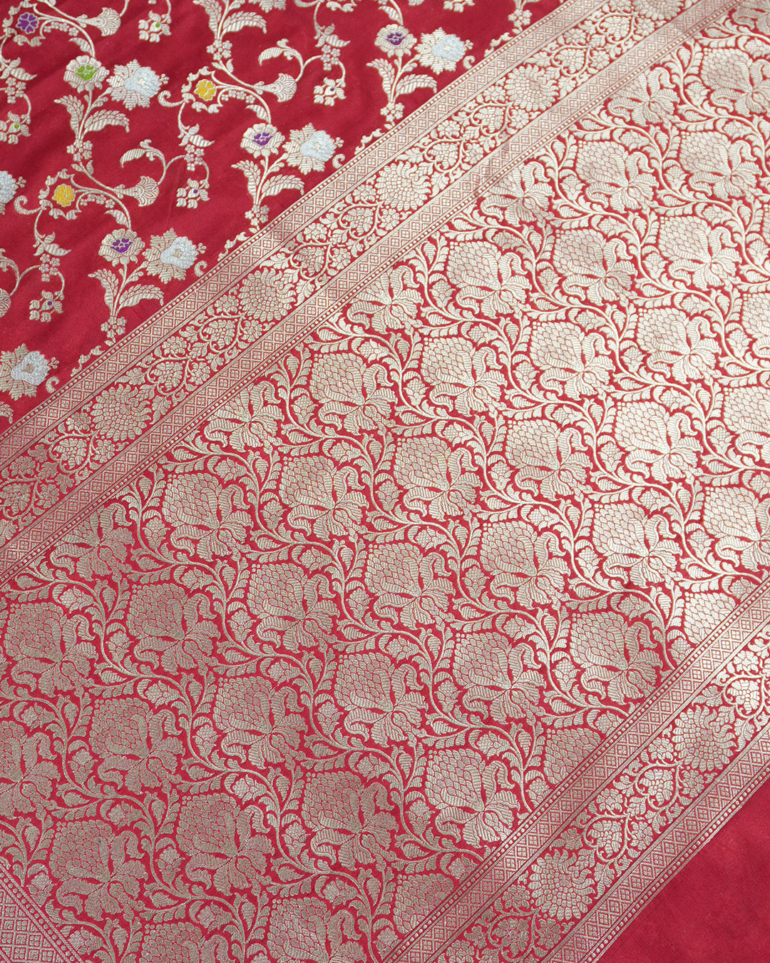 Red Pure Katan Saree with Heritage Gold Floral Motif Weaving