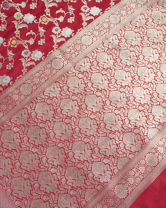 Red Pure Katan Saree with Heritage Gold Floral Motif Weaving