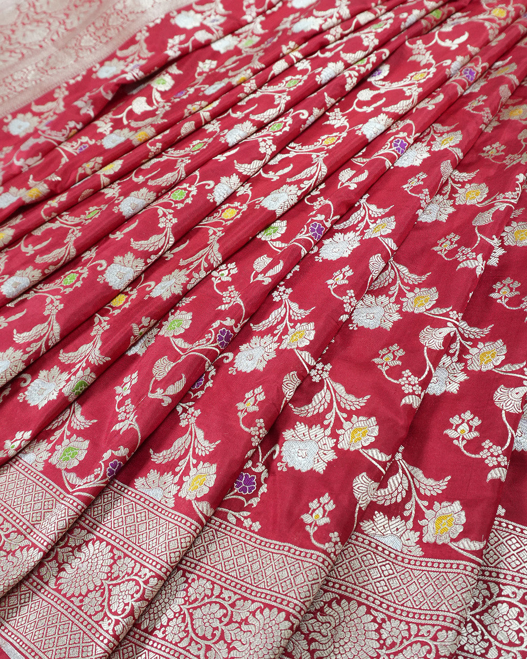Red Pure Katan Saree with Heritage Gold Floral Motif Weaving