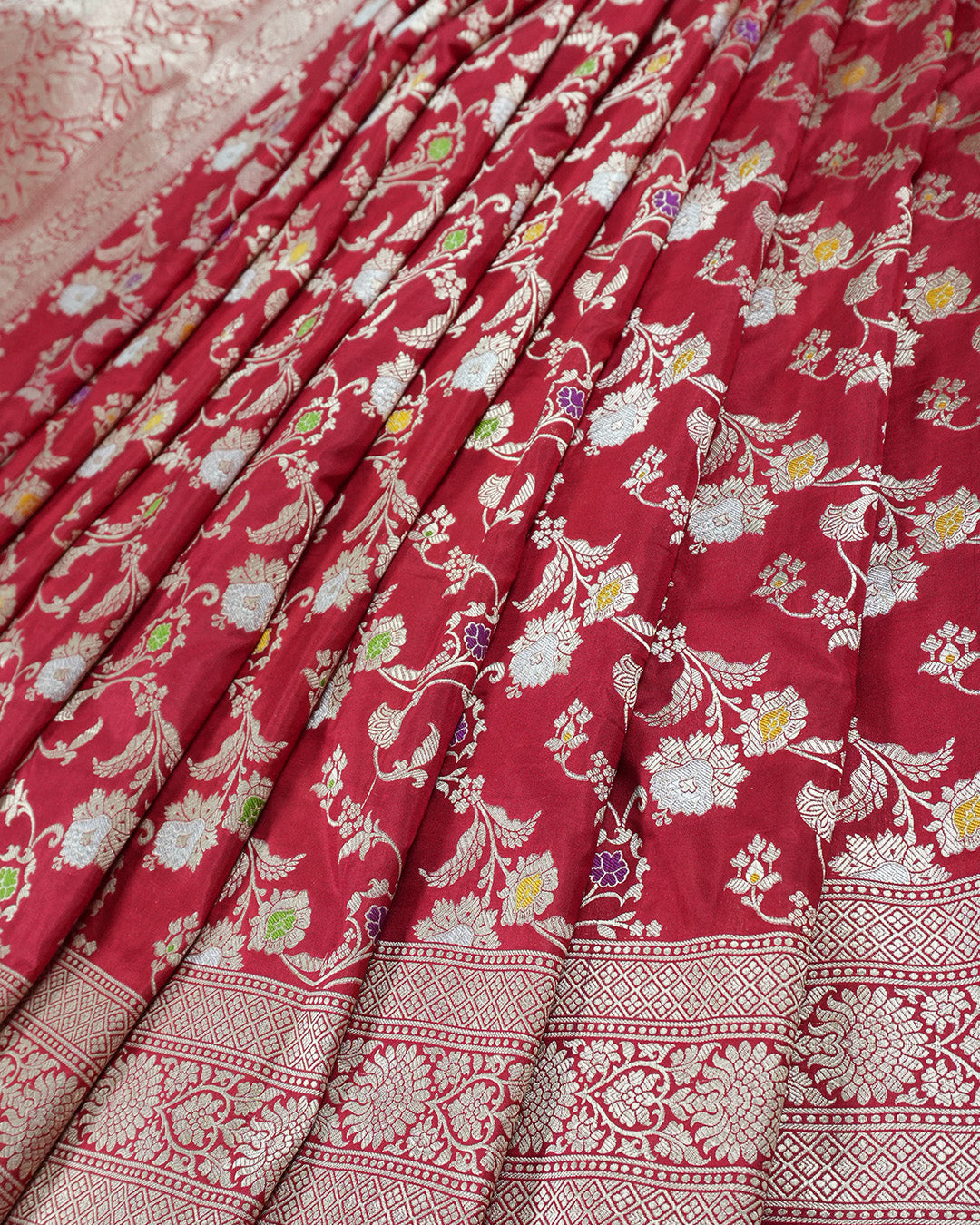 Red Pure Katan Saree with Heritage Gold Floral Motif Weaving
