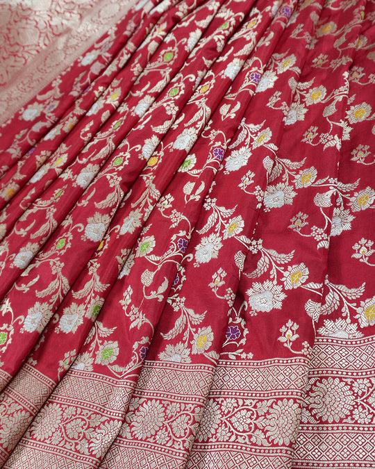 Red Pure Katan Saree with Heritage Gold Floral Motif Weaving