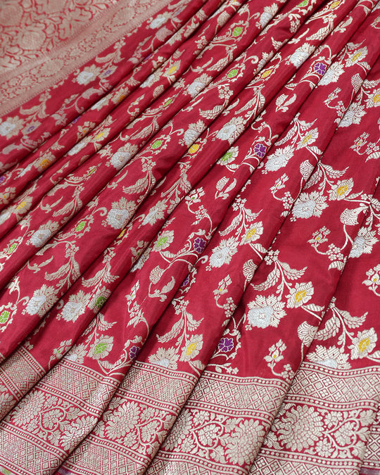 Red Pure Katan Saree with Heritage Gold Floral Motif Weaving