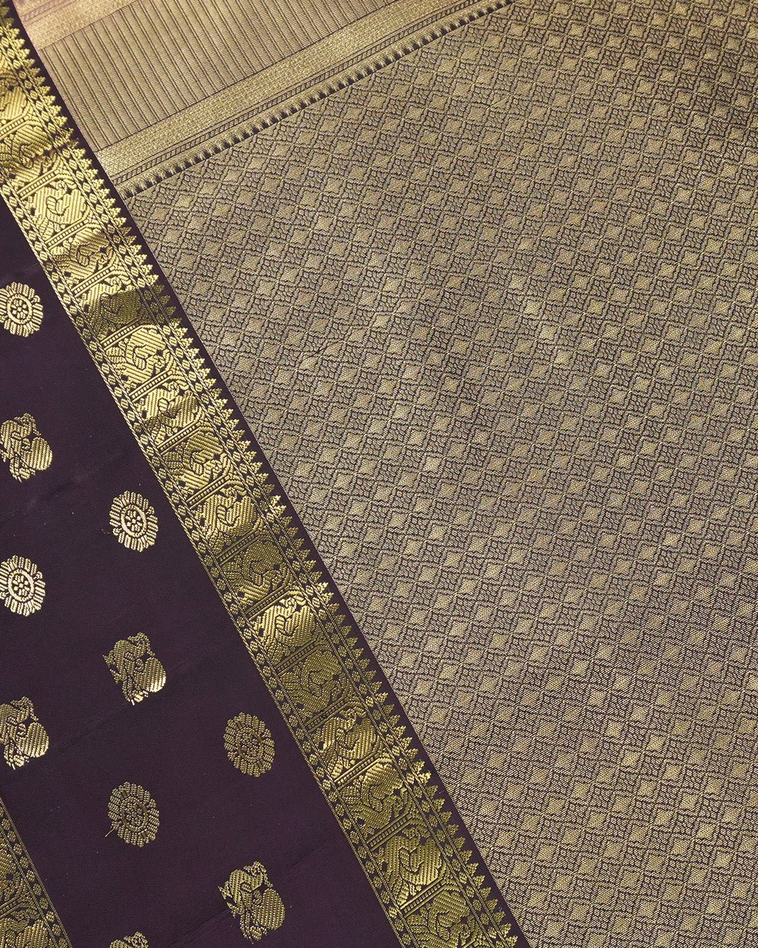 Pink Pure Kanjivaram Saree with Purple Contrast Pallu and Gold Butis - katansi