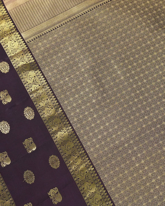 Pink Pure Kanjivaram Saree with Purple Contrast Pallu and Gold Butis - katansi