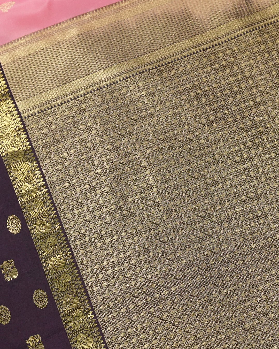 Pink Pure Kanjivaram Saree with Purple Contrast Pallu and Gold Butis - katansi