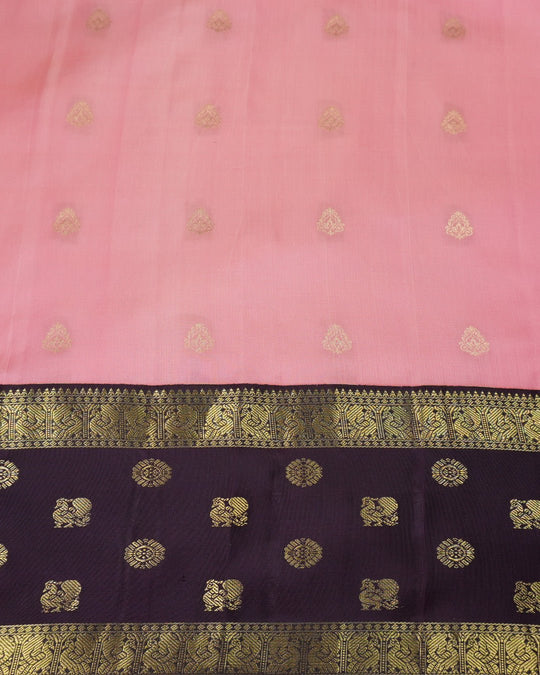 Pink Pure Kanjivaram Saree with Purple Contrast Pallu and Gold Butis - katansi