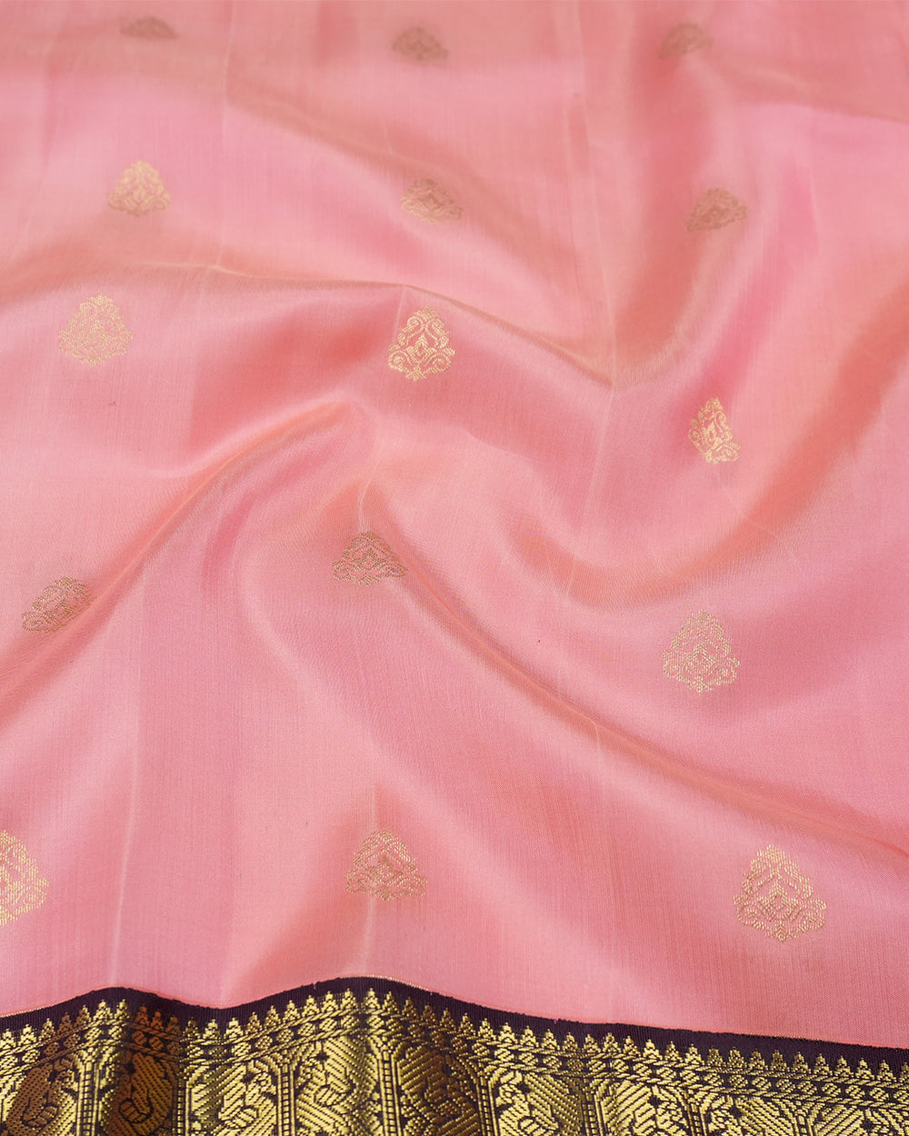 Pink Pure Kanjivaram Saree with Purple Contrast Pallu and Gold Butis