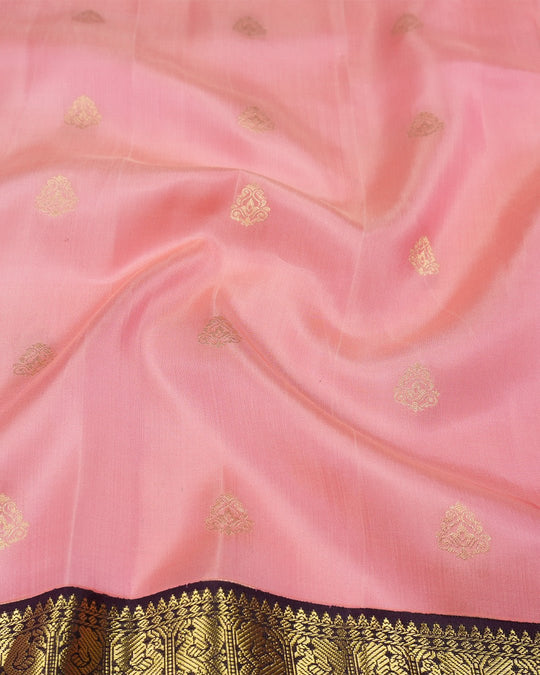 Pink Pure Kanjivaram Saree with Purple Contrast Pallu and Gold Butis - katansi