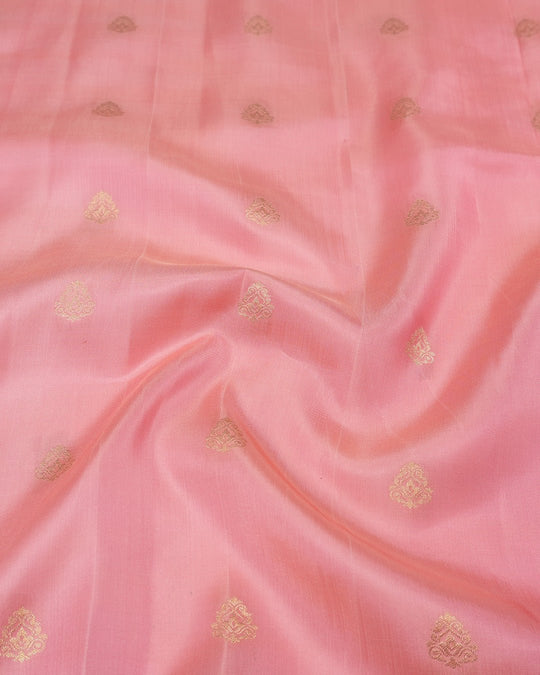 Pink Pure Kanjivaram Saree with Purple Contrast Pallu and Gold Butis - katansi