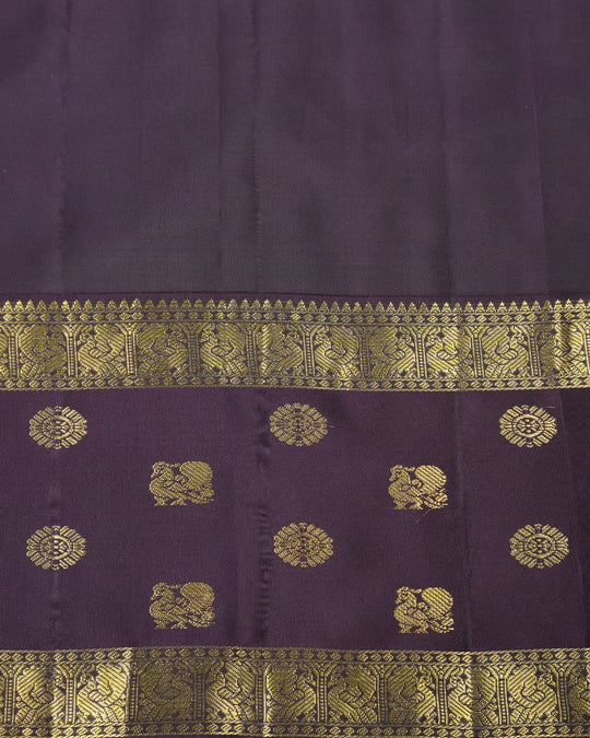 Pink Pure Kanjivaram Saree with Purple Contrast Pallu and Gold Butis - katansi