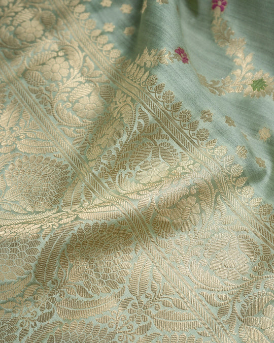 Light Green Pure Banarasi Saree with Meenakari Floral Motifs Weave