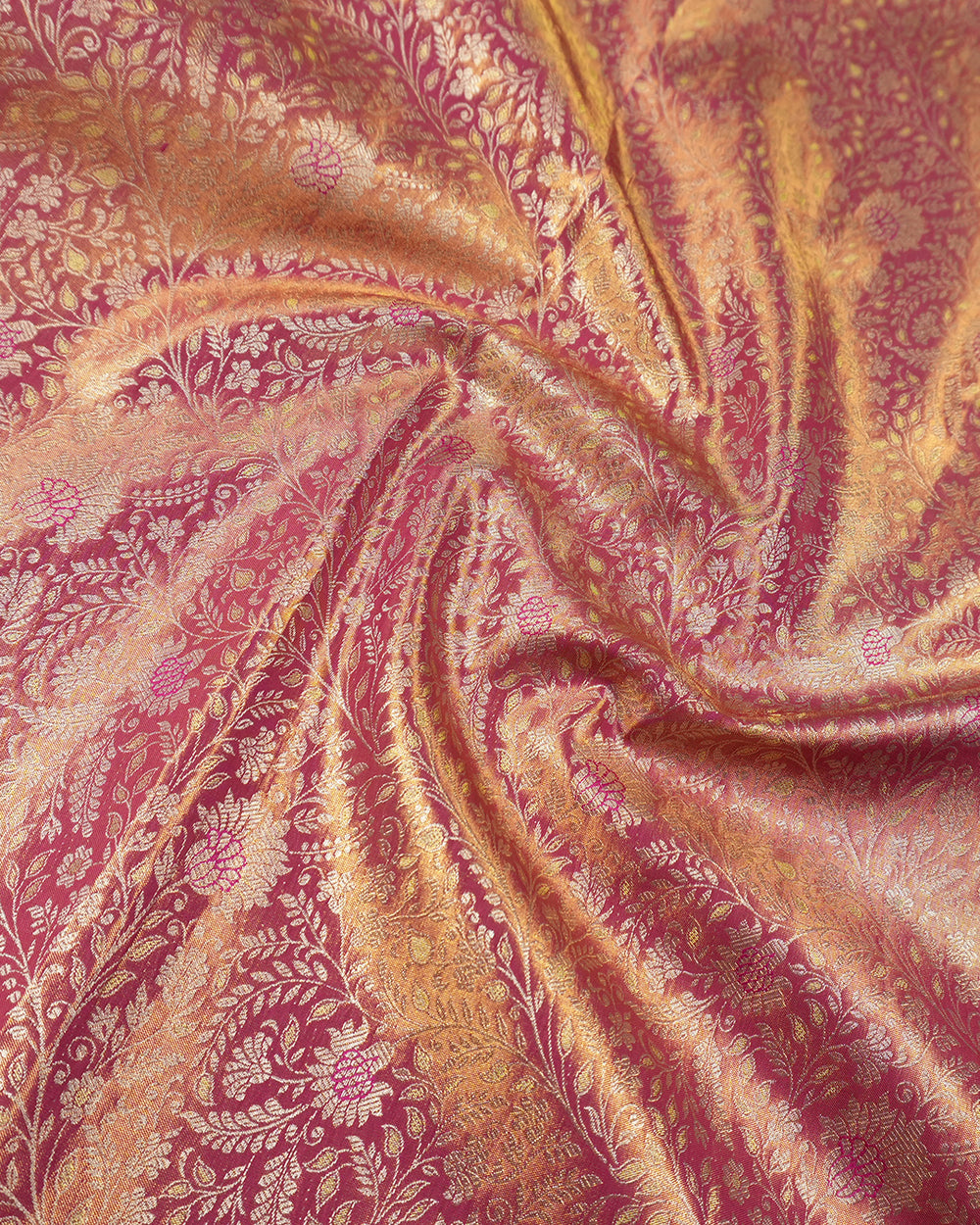 Dusty Rose Pure Kanjivaram Saree with Gold Floral Jaal and Rich Brocade Borders