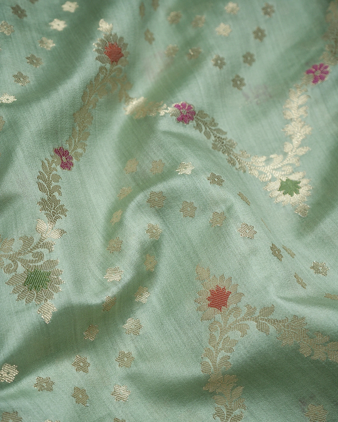 Light Green Pure Banarasi Saree with Meenakari Floral Motifs Weave