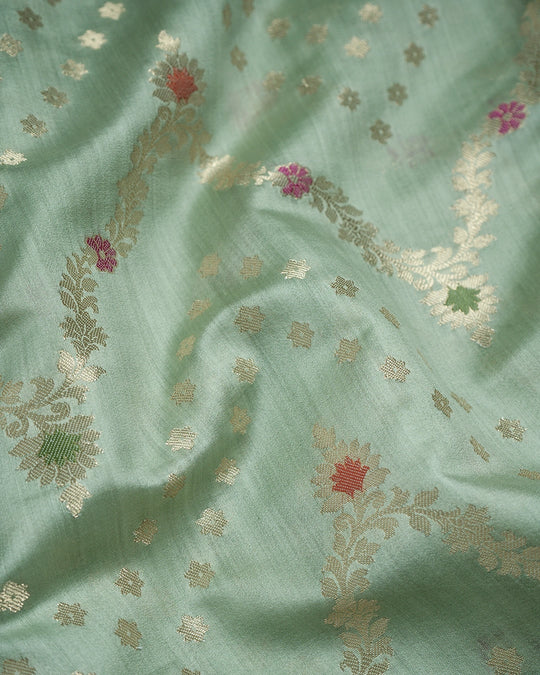 Light Green Pure Banarasi Saree with Meenakari Floral Motifs Weave