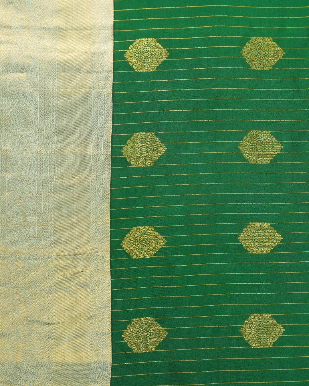 Green Pure Kanjivaram Saree with Mint Pallu and Gold Pinstriped Paisley Buta - katansi