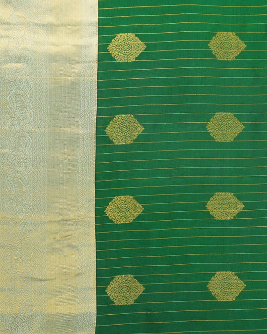 Green Pure Kanjivaram Saree with Mint Pallu and Gold Pinstriped Paisley Buta - katansi