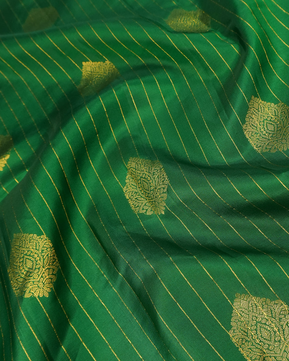 Green Pure Kanjivaram Saree with Mint Pallu and Gold Pinstriped Paisley Buta