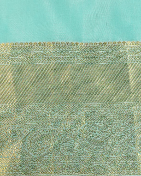 Green Pure Kanjivaram Saree with Mint Pallu and Gold Pinstriped Paisley Buta - katansi