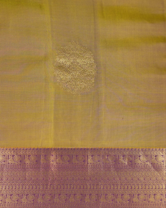 Moss Green Dual Shade Pure Kanjivaram Saree with Gold Crest Butas Weave - katansi