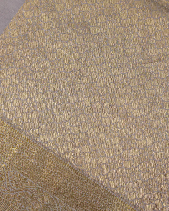 Grey Pure Kanjivaran Saree with Leaf Motifs Buti and Traditional Zari Florals