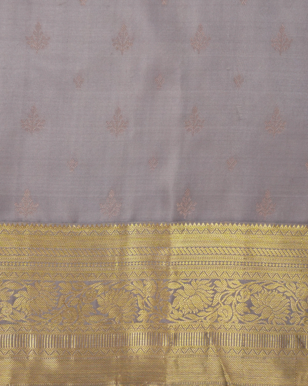 Grey Pure Kanjivaran Saree with Leaf Motifs Buti and Traditional Zari Florals