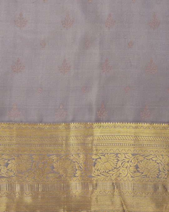 Grey Pure Kanjivaran Saree with Leaf Motifs Buti and Traditional Zari Florals