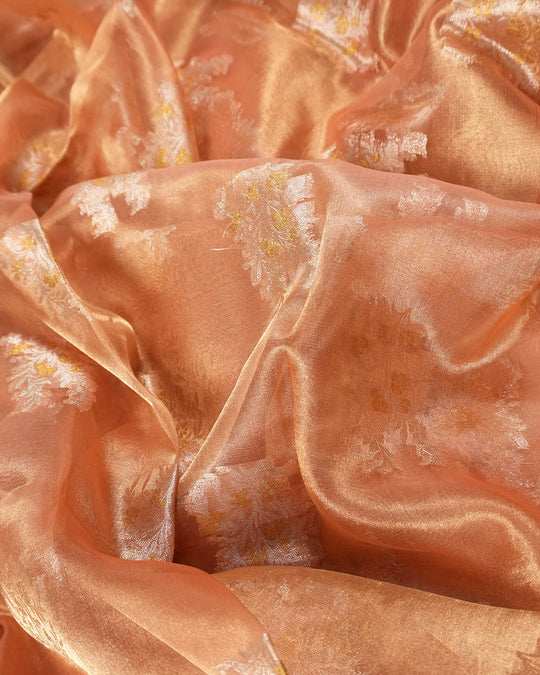 Coral Peach Pure Tissue Saree with Floral Golden Zari Accents