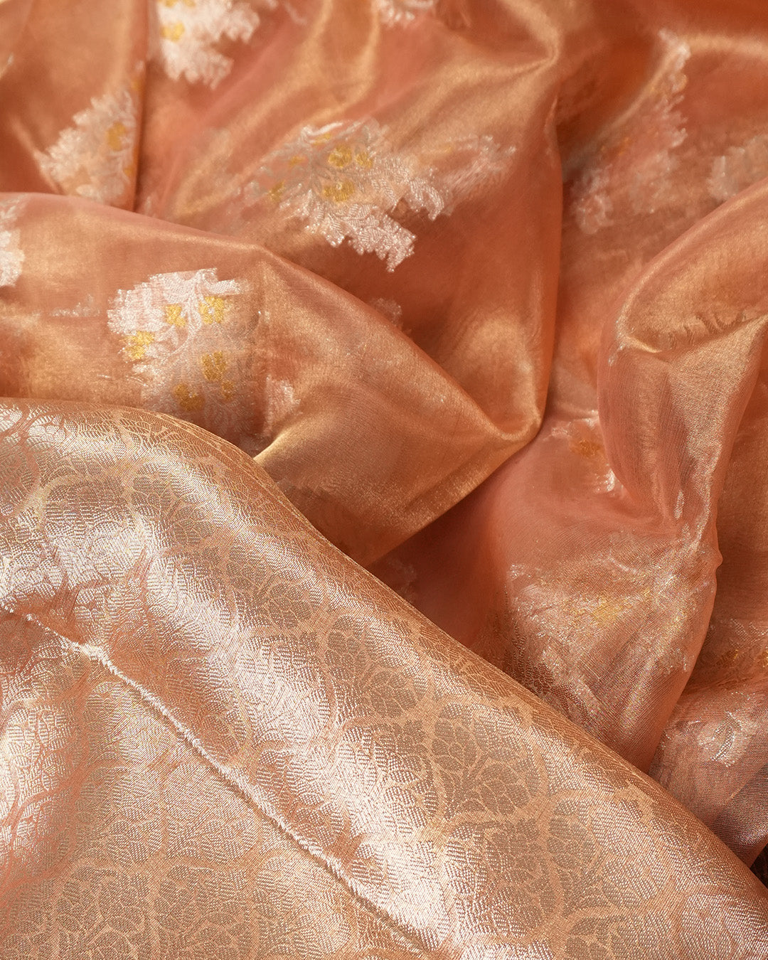 Coral Peach Pure Tissue Saree with Floral Golden Zari Accents