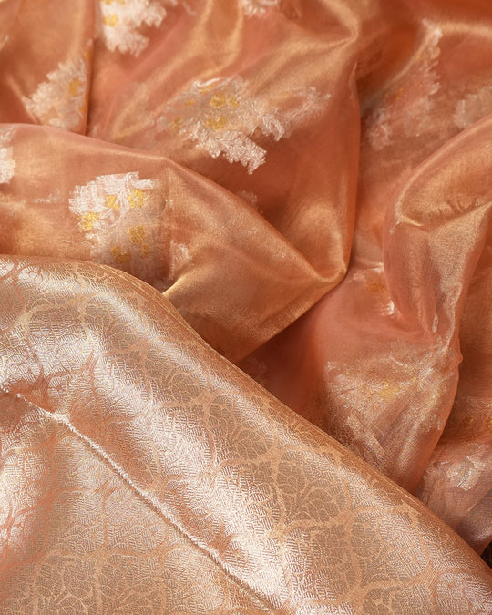 Coral Peach Pure Tissue Saree with Floral Golden Zari Accents