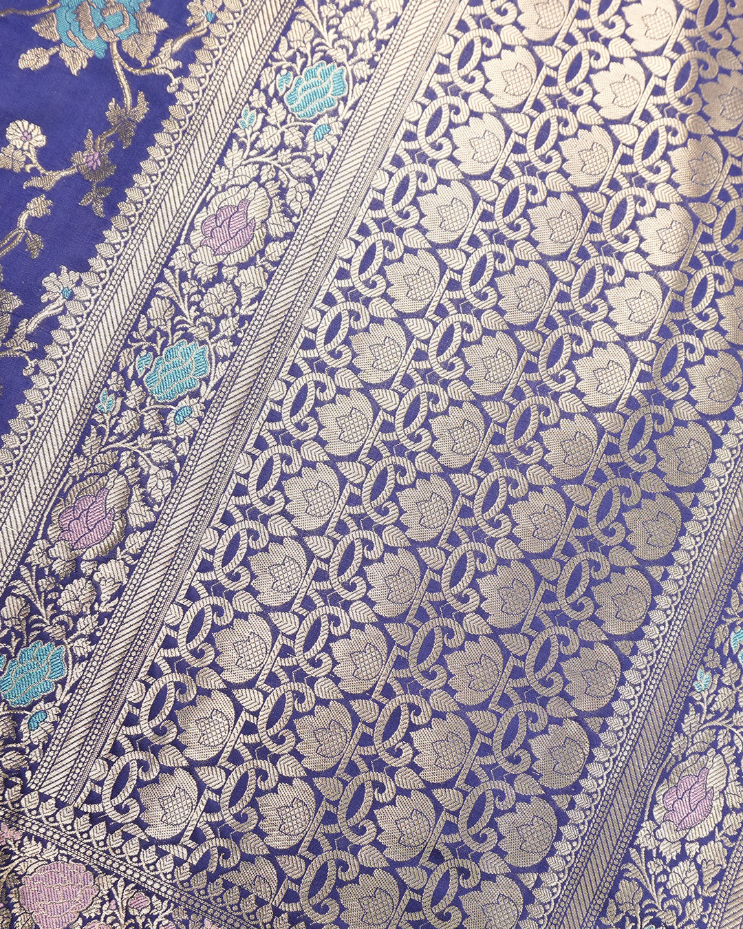 Navy Blue Floral Pure Banarasi Saree