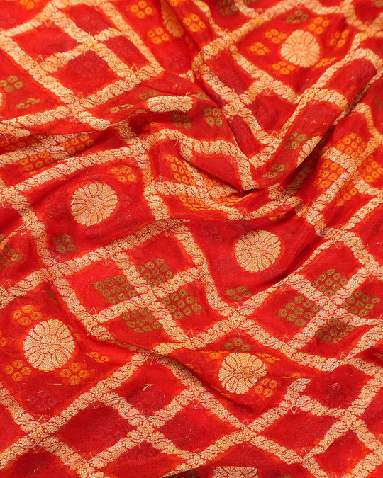 Red Pure Chiffon Saree with Checks Grid Weaves and Floral Border