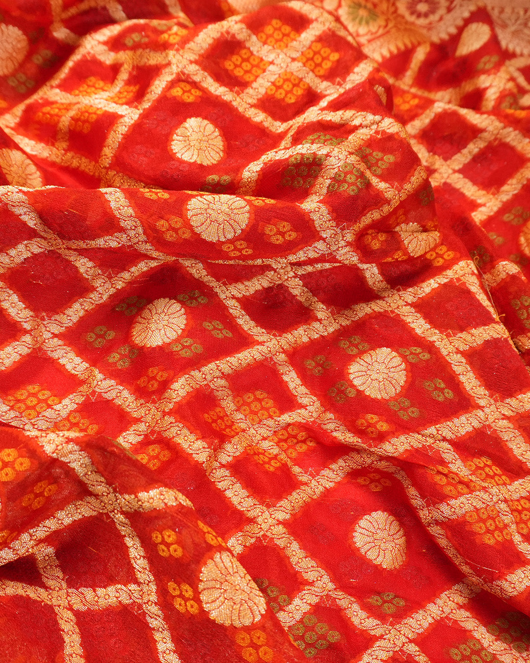 Red Pure Chiffon Saree with Checks Grid Weaves and Floral Border