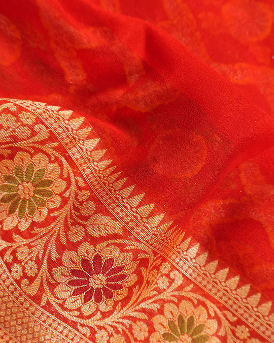 Red Pure Chiffon Saree with Checks Grid Weaves and Floral Border
