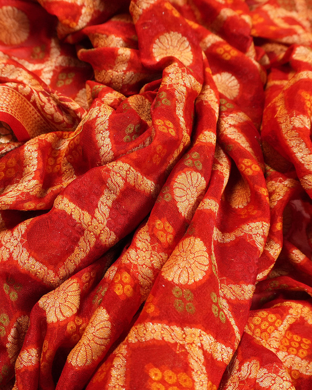 Red Pure Chiffon Saree with Checks Grid Weaves and Floral Border