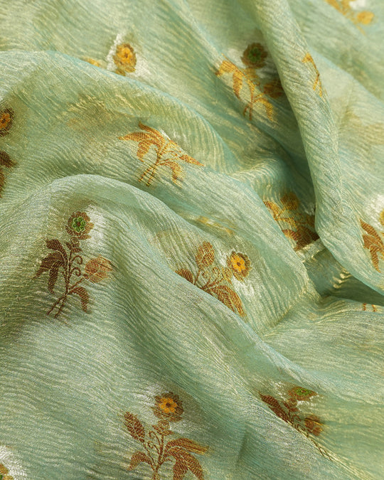 Soft Green Pure Tissue Saree with Blossom Motifs and Heritage Zari Border