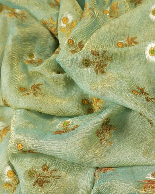 Soft Green Pure Tissue Saree with Blossom Motifs and Heritage Zari Border