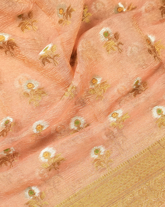 Soft Peach Pure Tissue Saree with Minimal Butis and Antique Zari Border