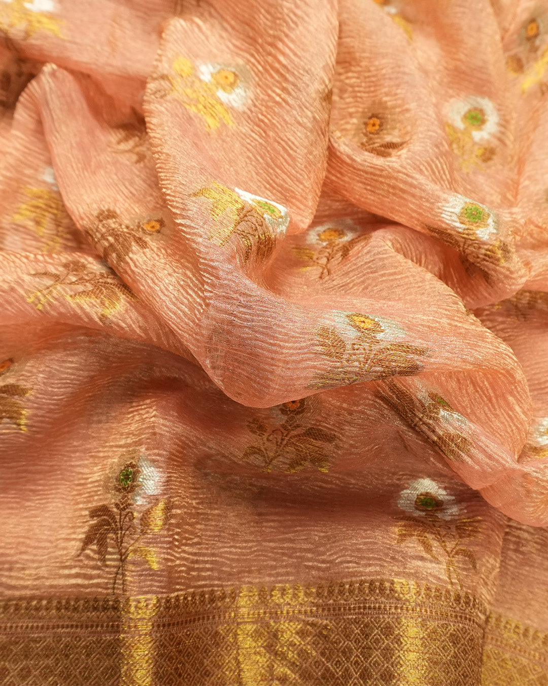 Soft Peach Pure Tissue Saree with Minimal Butis and Antique Zari Border