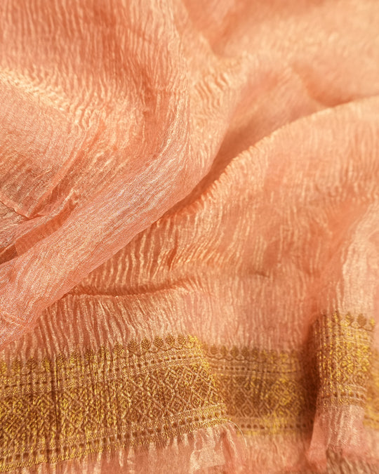 Soft Peach Pure Tissue Saree with Minimal Butis and Antique Zari Border