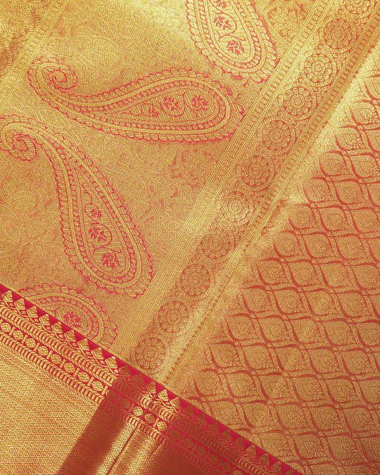 Peach Coral Pure Kanjivaram Saree with Floral Weaves