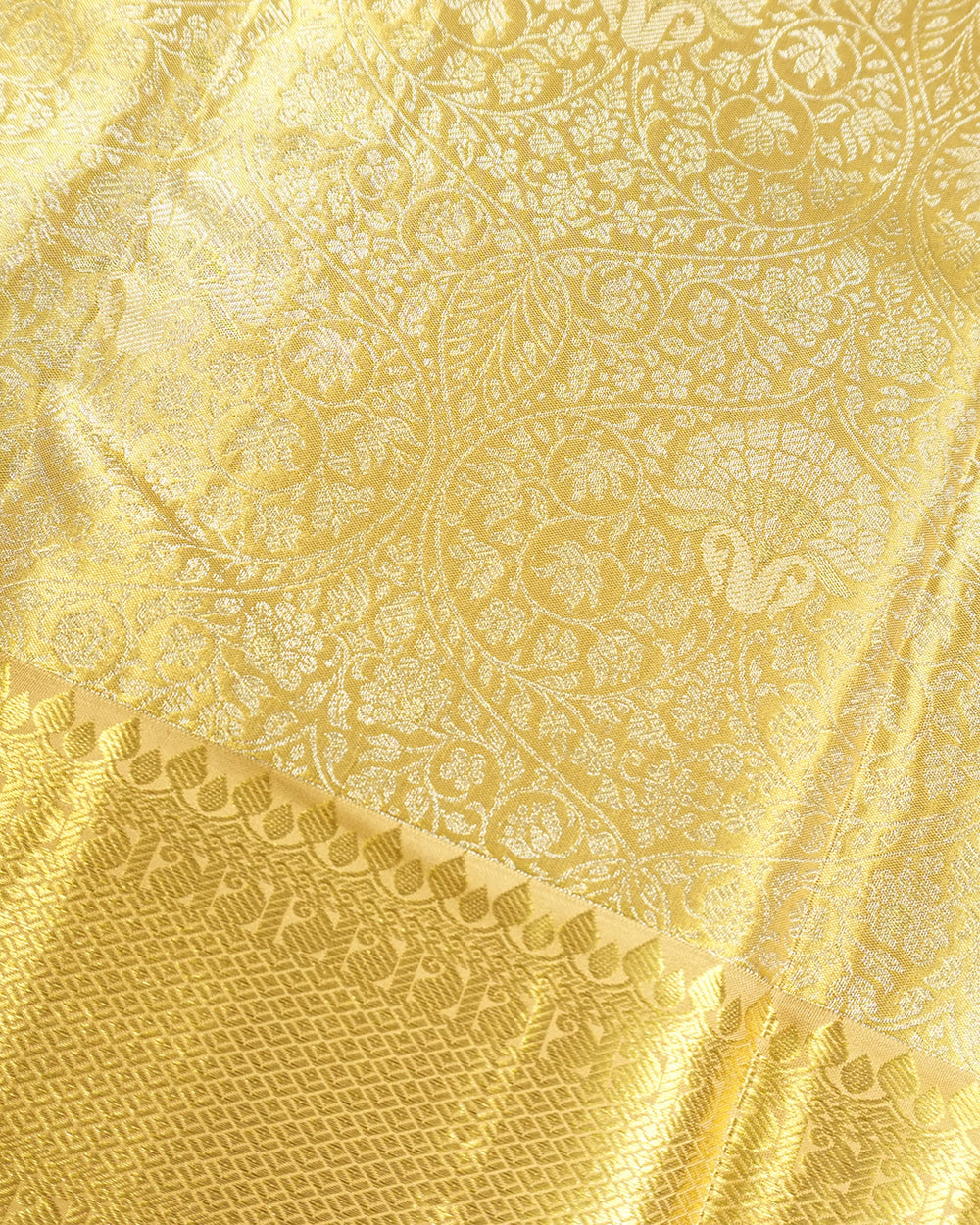 Mustard Gold Pure Kanjivaram Saree with Floral Weaves and Broad Border