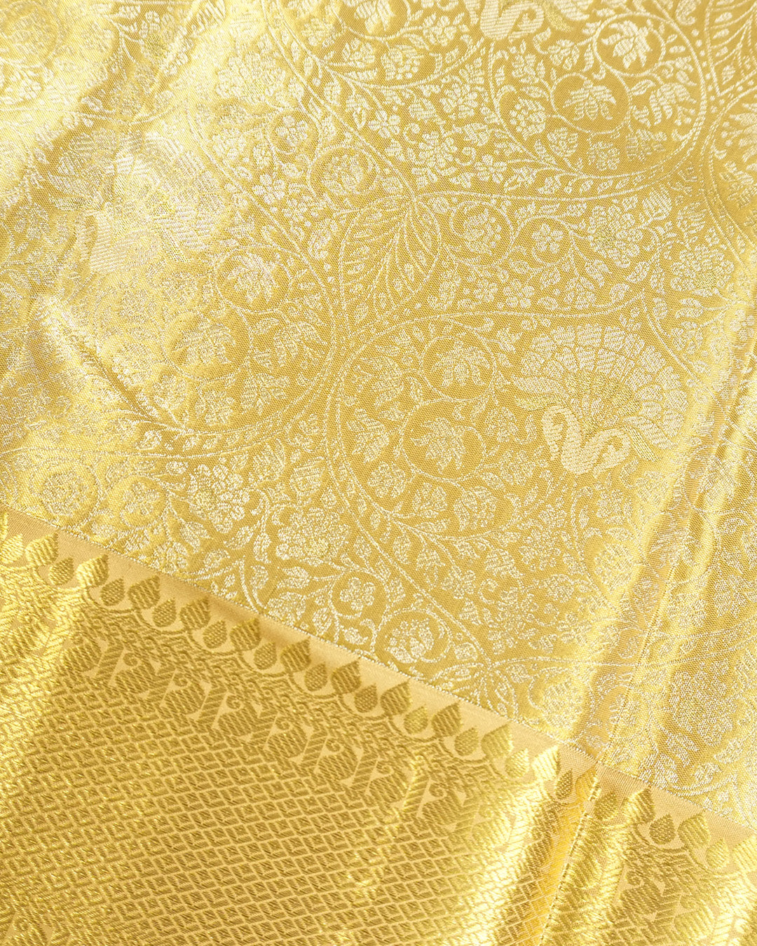 Mustard Gold Pure Kanjivaram Saree with Floral Weaves and Broad Border
