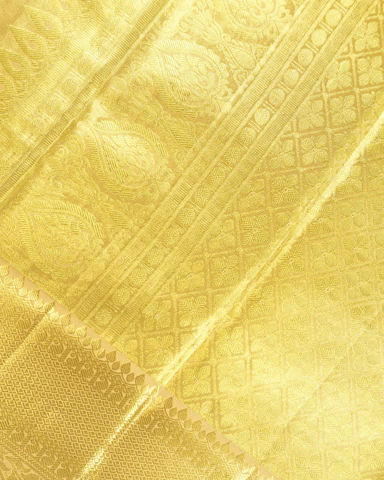 Mustard Gold Pure Kanjivaram Saree with Floral Weaves and Broad Border