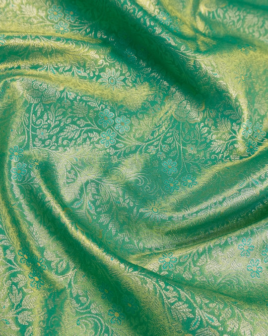 Green Pure Kanjivaram Saree with Floral Jaal, Fine Zari and Rich Border - katansi