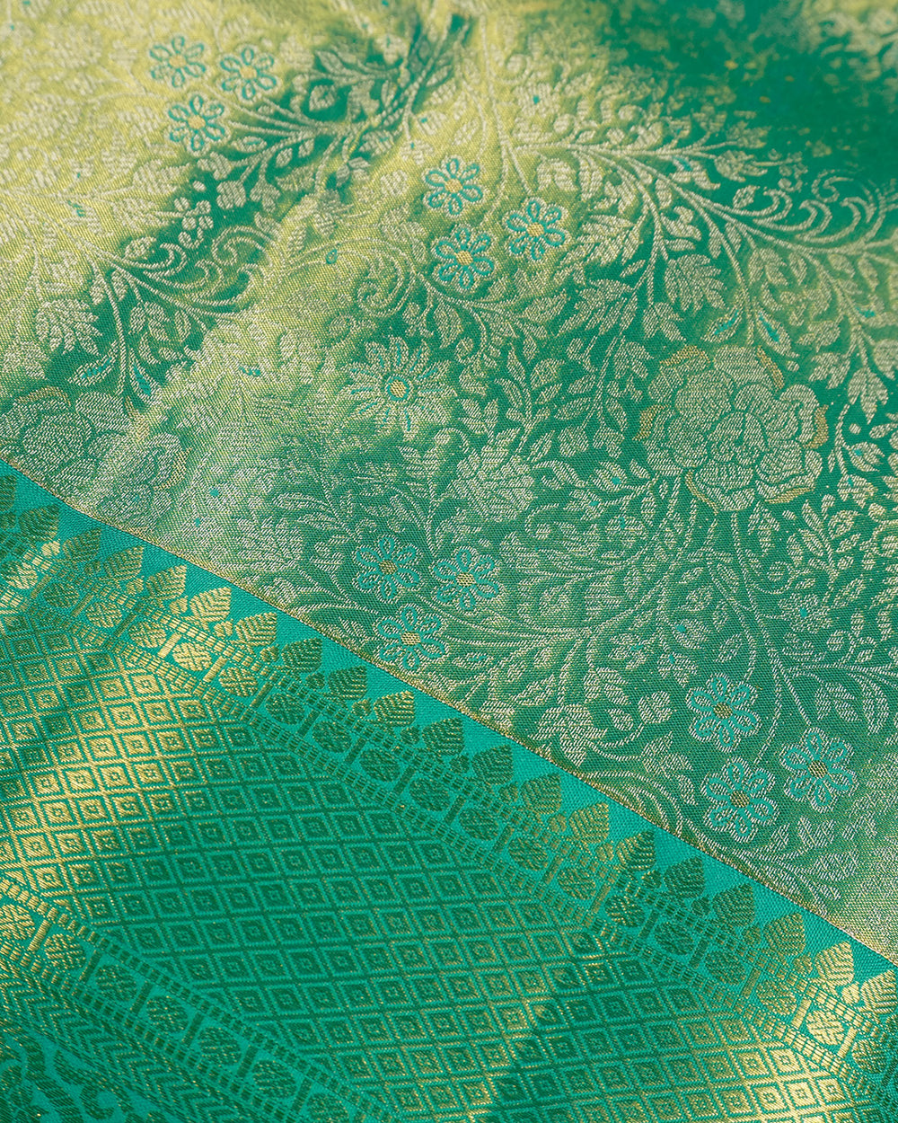 Green Pure Kanjivaram Saree with Floral Jaal, Fine Zari and Rich Border